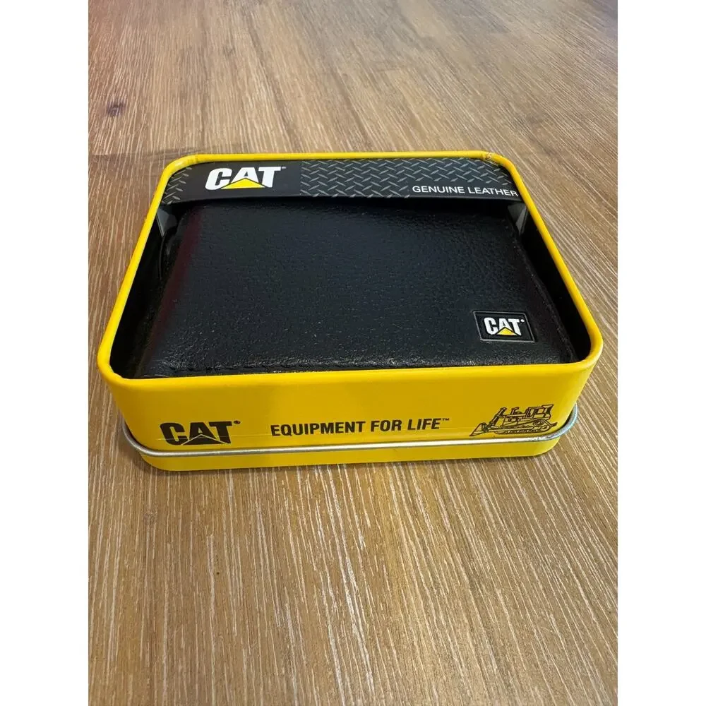 Mens CATERPILLAR CAT Black 100% Genuine Leather RFID Wallet Tin Gift NEW